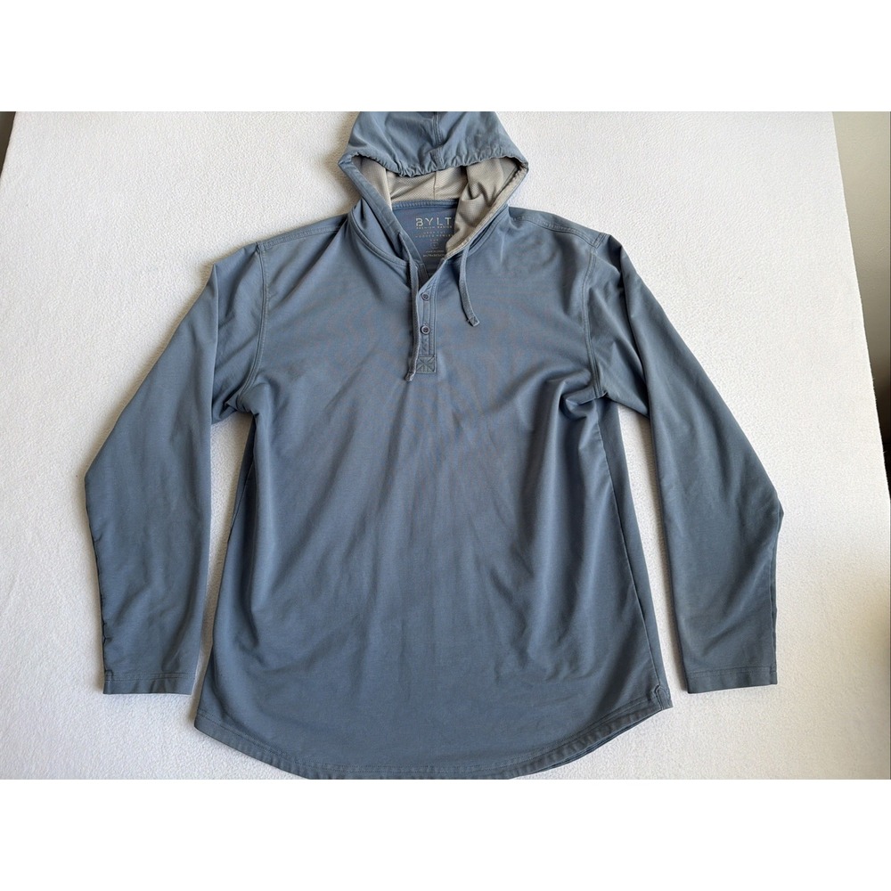 BYLT Long Sleeve Drop Cut Hooded Henley Lux Light Blue Mens Large Gym Workout